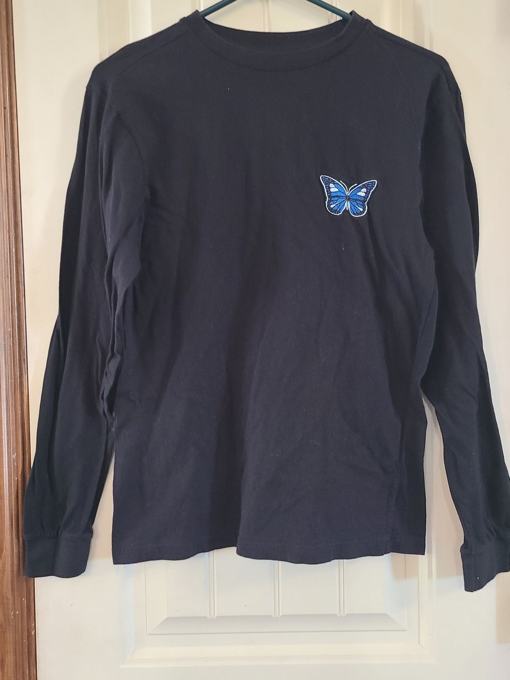 Eighty Eight Black Long-Sleeve Tee with Blue Butterfly Patch Size S